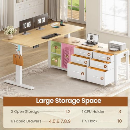SEDETA L Shaped Electric Standing Desk with 6 Fabric Drawers, Storage - color: Oak