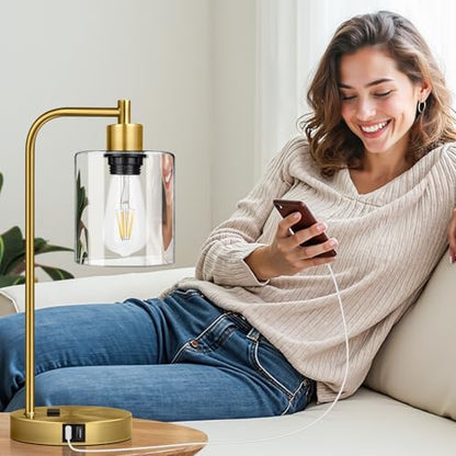 Nintiue Industrial Touch Table Lamps Set of 2-2 USB Ports & AC Outlet Nightstand Lamps, 3-Way Dimmable Bedside Desk Lamp for Living Room Bedroom, Glass Shade & 2 LED Bulbs Included - Brass - color: Brass(2 pack) - Clear Glass-Touch Control