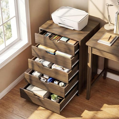 Giantex 5-Drawer Vertical File Cabinet, Mobile Office Storage Cabinet with Drawers, Large Capacity, 2 Lockable Casters and Universal Wheels, Under Desk Side Printer Stand Rolling File Cabinet (Walnut) - color: Walnut