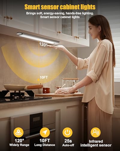 Under Cabinet Motion Sensor Lighting - 20 Inch Wireless Under Cabinet Lighting, Rechargeable with Magnetic Mount, 5CCT Adjustable for Kitchen/Hallway (White, 2-Pack)