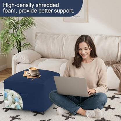 MeMoreCool Square Stuffed Pouf Ottoman Foot Rest, Floor Pouf Foot Stool with Foam Chunk Filling, Soft Stuffed Ottoman Footrest for Living Room, Navy - color: Striped Navy