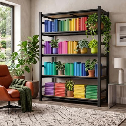 5 Tier Wooden Bookshelf, Heavy Duty Adjustable Tall Bookcase | 3000 LBS Bolt-free Storage Shelves with Deep Bookshelf for living Room, Office and Garage Storage - size: Wooden 35.4"Wx 15.7"Dx 71.2"H