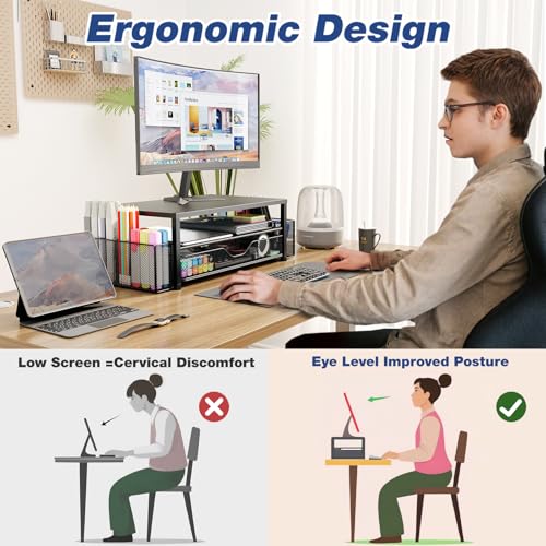 OPNICE Desk Organizer and Accessories, 2-Tier Computer Monitor Stand Riser with Drawer and 2 Pen Holders, Laptop Stand, Office Desk Accessories for Office Supplies, Black - color: Black 1-Pack, size: 18" x 9.1" x 5.6"