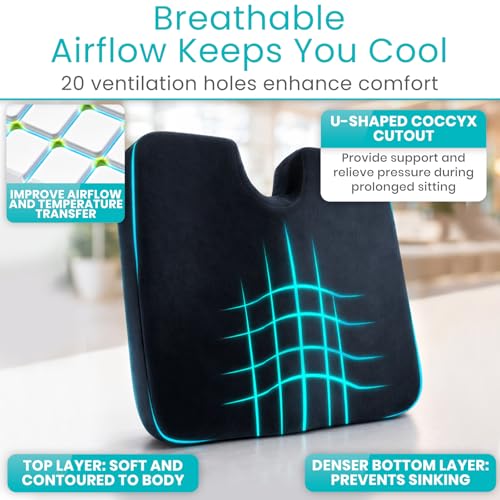 Vive Memory Foam Seat Cushion – Tailbone Pain Relief, Sciatica, Coccyx