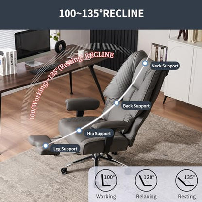 EXCEBET Big and Tall Office Chair 400lbs Wide Seat, Leather High Back Executive Office Chair with Foot Rest, Ergonomic Chairs Lumbar Support for Lower Back Pain Relief (Grey) - color: Grey