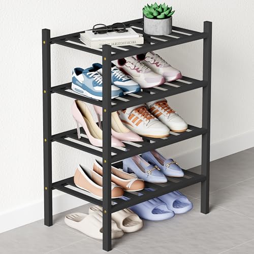 Smiry Bamboo Shoe Rack for Closet, 4 Tier - 17.32" Wide, Black | Stackable Wooden Shoe Organizer, Wood Shoe Storage Shelf for Entryway, 14 Vertical Slats, Reinforced Legs - color: Black, size: 4 Tier - 17.32" Wide