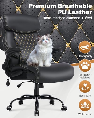 550LBS Big and Tall Office Chair for Heavy People,Ergonomic Office Chair with Padded Flip-Up Arms and Adjustable Lumbar Support,High Back Executive Leather Desk Chair with Rocking Function