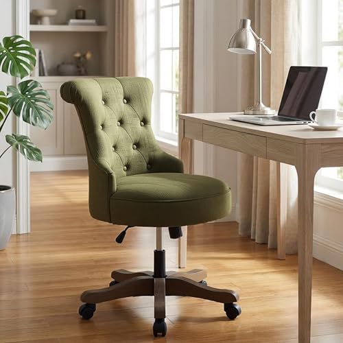 HUIMO Home Office Chair Upholstered Armless Swivel Desk Chair with Wheels | Adjustable Height Computer Desk Chair with Wooden Legs linen Comfortable Swivel Chairs for Farmhouse Study Studio Green - color: Green