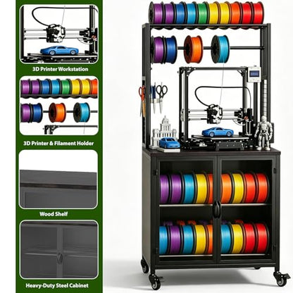 3D Printer Stand with Filament Storage, Heavy Duty 29.5" Printer Table Cart with Cabinet, Dustproof & Moisture-Proof Rolling Stand with 360° Wheels for Workshop, Studio, Office, Black
