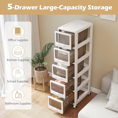 Giantex 5-Tier Rolling Storage Cart, Utility Cart with 5 Drawers & Lockable Wheels for School Art Craft Supplies, Plastic Organizer and Storage for Kitchen, Bedroom and Home Office - size: 5-Tier