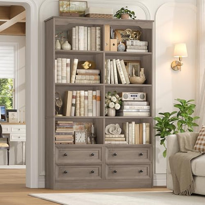 71" Tall Bookshelf with 4 Drawers Large Bookshelf Office Bookcase | 6-Tier Double Wide Bookshelves and Bookcases with Storage, Tall Bookshelf Standing Book Cabinet for Home Office, Ash Grey - color: Ash Grey