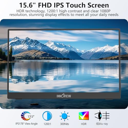 InnoView 15.6" Portable Monitor 60Hz Touchscreen 1080P 10-Point Touch Screen Monitor Portable with Protective Sleeve Built-in Stand, 1200:1 HDMI USB C Travel Monitors for Laptop, PC, Phone - size: 15.6 inch