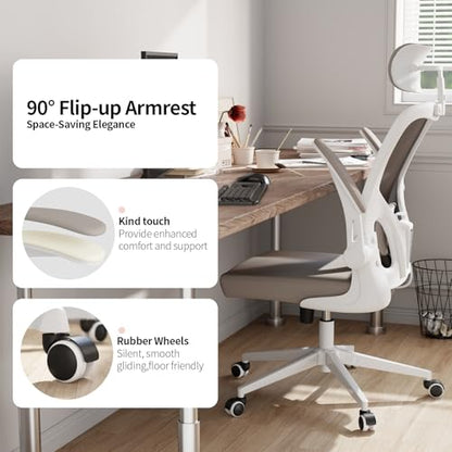 Office Chair Ergonomic Desk Chair with Lumbar Support&Headrest&Flip-up Arms Height Adjustable Rocking Swivel High Computer Chair Multi-Angle from 90° to 125° with 350LBS Capacity(White+Khaki-2) - color: White+khaki-2