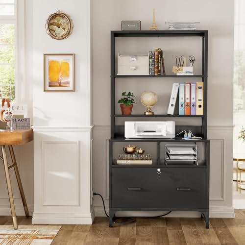Homieasy File Cabinet with Charging Station, Vertical Filing Cabinet, Black - color: Black