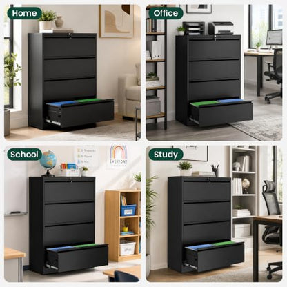 4 Drawer Lateral File Cabinet, Metal Filing Cabinet for Home Office, Black | Heavy-Duty Steel Locking Large File Cabinet, Hanging Letter/Legal/A4 Size, Full-Extension Silent Drawer, Un-Assembly - color: Black, size: 4 Drawers (35.43 in Width)