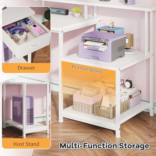 DurayLoly Office Desk with 55" Long Monitor Stand, 18" Ample Printer Space | Storage Drawer and File Shelves,Versatile RGB LED Lighting,Built-In USB Outlet,Sturdy Metal Frame,Bedroom Writing Desk,White - color: White