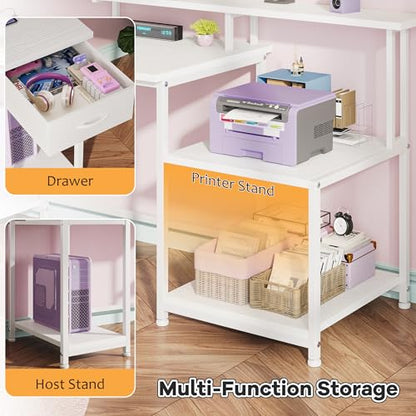 DurayLoly Office Desk with 55" Long Monitor Stand, 18" Ample Printer Space | Storage Drawer and File Shelves,Versatile RGB LED Lighting,Built-In USB Outlet,Sturdy Metal Frame,Bedroom Writing Desk,White - color: White