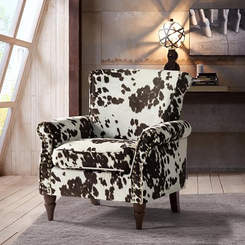 HULALA HOME Traditional Patterned Accent Chair with Solid Wood Legs, Cowhide - color: Cowhide