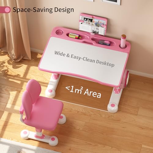 Kids Adjustable Desk and Chair Set 3-12, Children School Study Desk-11PINK | Height Adjustable | 50° Tilt Desktop | Book Stand & Metal Hook & Storage Drawer | Writing Drawing Table for Boys and Girls - color: 110-pink-27.5in