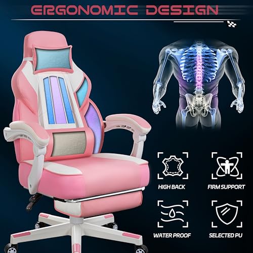 Big and Tall Gaming Chair for Adults, 330lbs Heavy Duty Computer Chair with Footrest & Massage Lumbar Support, Wide Seat High Back Reclining Desk Chair, 360° Swivel, Pink - color: Pink