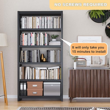 OSEILLC 69" Metal Bookshelf,5 Tier Library Bookcase,Bedroom Bookshelves and Bookcases,Tall Book Case/Shelves for Living Room,Office,Black Large Bearing Book Shelf - color: Black, size: 69"H*34"W