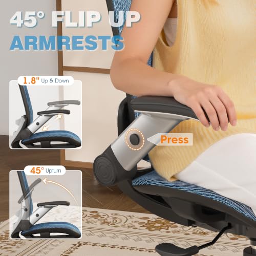 GABRYLLY Ergonomic Office Chair, High Back Home Desk Chair with 2D Flip-Up Arms, 3D Headrest, 90-120° Tilt and Wide Cushion, Big and Tall Mesh Chairs for Man Woman, Blue Computer Task Chair - color: Navy Blue