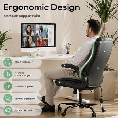 MALOL Leather Office Chair, Home Desk Chair with Flip-up Arms, Black - color: Black-new, size: Set of 1