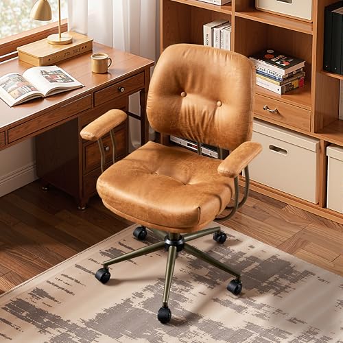 HOOOWOOO Ergonomic Office Chair,Mid Century Modern Computer Desk Chair,Comfy Executive Chair with Extra Wide Tufted Cloudy Seat Lumbar Support Rocking Back,Suede Leather Light Brown - color: Cognac-cloudy Seat, size: Mid Back