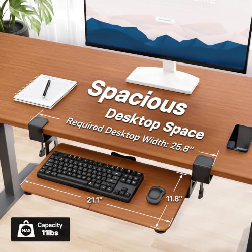 BONTEC KMT01 Under Desk Keyboard Tray, Pull-Out Keyboard & Mouse Platform with C-Clamp, 25.6 x 11.8 in Space-Saving Ergonomic Slide-Out Drawer, Walnut - color: Walnut, size: 25.6" x 11.8"