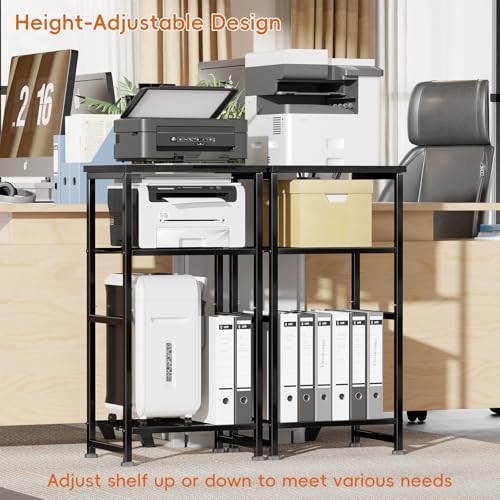 Industrial 3 Tier Printer Stand, Home Printer Wood Table with Wire Storage Shelf for Scanner Fax Machine, Heavy Duty Metal, Black with Burly Wood Board - color: Black