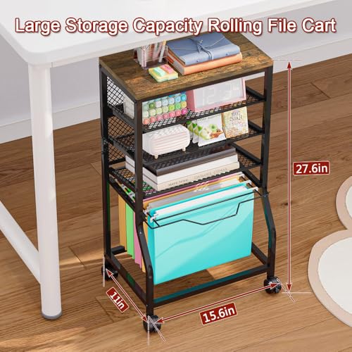 INGIORDAR 5 Tier Rolling File Cart Sliding Hanging Folder Storage Wheels | Under Desk Storage Organizer On Lockable Wheels Mesh Sliding Trays Multifunctional Clutter Cart for Office School Home