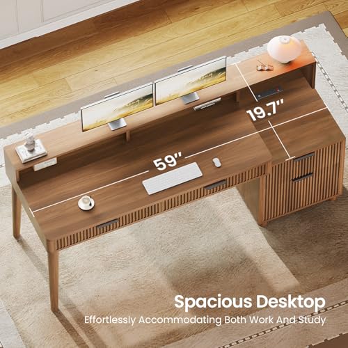 SEDETA Modern Office Desk with 4 Drawers, 59" Fluted Gaming Computer Desk with Storage, LED Lights and Power Strip, Wood Writing Desk Study Table for Home Office, Living Room, Bedroom, Brown - color: Brown