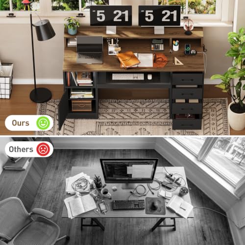RALGEND 55" Office Desk with Drawers, Farmhouse Executive Desk with Drawers - color: Black, Walnut
