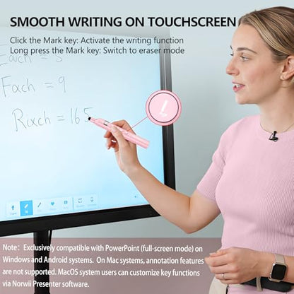 N21 Bluetooth Presentation Clicker for PowerPoint with Retractable Pointer | ①Laser Pointer②Telescopic touch pen③Countdown timer, vibration alert ④Customizable Button ⑤Rechargeable;battery level display - color: Pink - Red Pointer