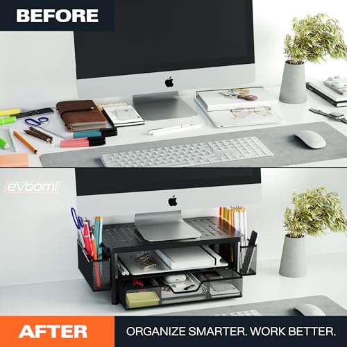 eVoomi FlowMax Ergonomic Desk organizer Computer Monitor Stand -Improved XL Desk Drawer, File Paper Pencil Holders - Pro Posture Eye-Level Tension Relief - Anti-Slip Home Office Supplies Storage Stand for Laptop Monitor or Printer