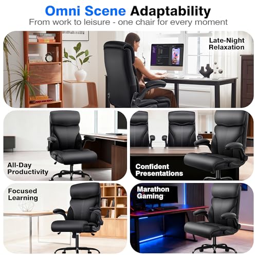AreShark Executive Office Chair - 400lbs Heavy Duty Ergonomic Desk Chair with Comfy Cushion, High Back Breathable Leather Computer Chair with Flip-up Arms & Rocking Function for Home Office - color: Ebony