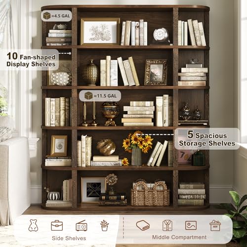 TVU 5-Tier Wood Book Shelf, 47" Wide Large Bookshelf and Bookcase, 62" Tall Bookshelf with Curved Side Shelves, Freestanding Wood Display Book Shelves for Living Room, Home Office, Walnut