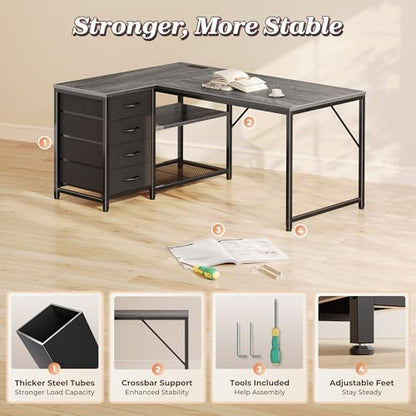 PRAISUN 43.3" Small L Shaped Desk with Power Outlets & 4 Drawers - color: Grey, size: 43.3 Inch