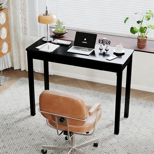 Solid Wooden Desk with Drawers - 39 x 16 Inch Modern Narrow Desks, Rubberwood Simple Study Table, Small Writing Desk for Bedroom|Small Spaces - Black Desks - color: Black, size: 39.4 in W x 15.7 in D