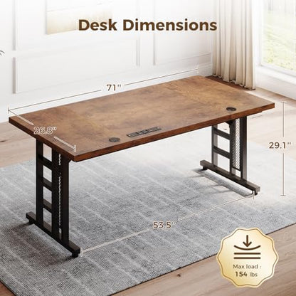 OffiGo 71 Inch Executive Computer Desk with Outlets, Rustic Brown - color: Rustic Brown, size: 71 Inch