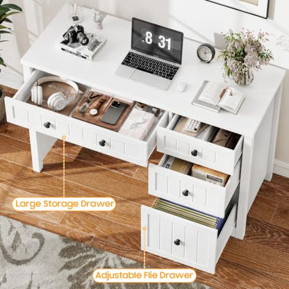 Vabches Farmhouse Executive Desk with 4 Drawers, Home Office Desk with File Drawer, Wood Computer Desk with Storage, Rustic Office Desk for Work Study Writing, Pure White - color: Pure White