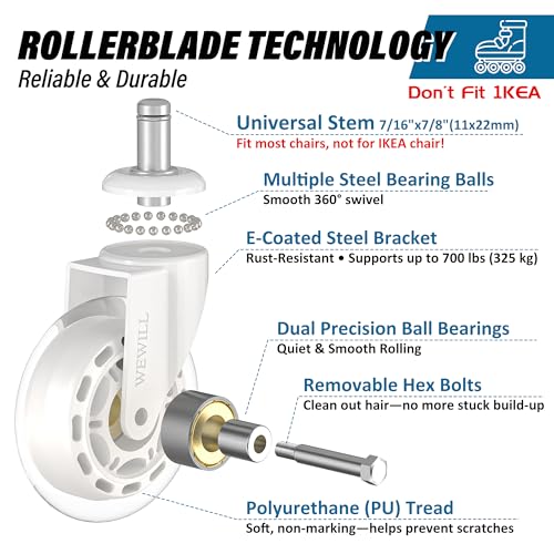 WEWILL Office Chair Wheels - Rubber Casters Replacement Universal Fit 98% Chair(Set of 5) Heavy Duty 3 Inch Smoothly & Quietly Safe for All Floor, Hardwood, Tile, Carpet, Noise Free - White - color: White