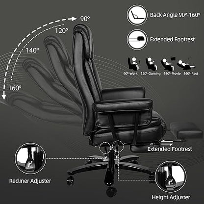 Reclining Office Chair with Footrest, Big and Tall Home Office Desk Chairs 400lbs with High Back, Criss Cross Wide Seat, Heavy Duty Base, Pu Leather, Black - color: Black