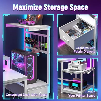 DurayLoly 55" Gaming Desk with,RGB LED,Headphone Hook Shelves for Bedroom - color: White, size: 19.6"Dx55"Wx51"H
