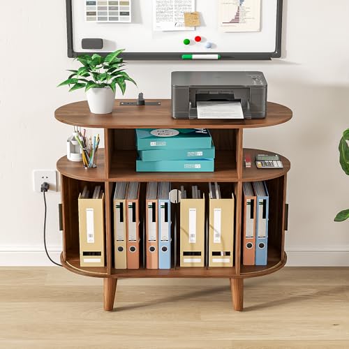 Fiogmub Round Printer Stand with Charging Station & USB Ports - color: Walnut
