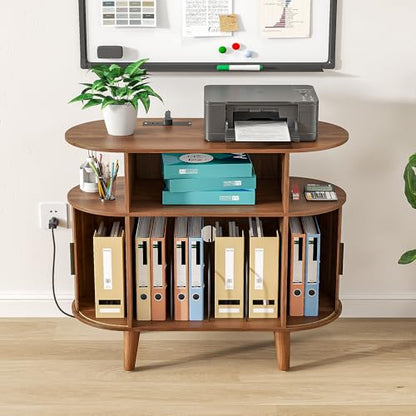 Fiogmub Round Printer Stand with Charging Station & USB Ports - color: Walnut