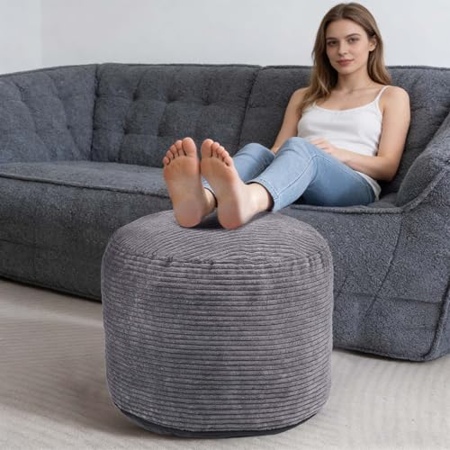 Round Pouf Ottoman Foot Rest with Foam Chunk Filling, Corduroy Ottomans for Living Room Floor Poufs (20"x15",Dark Grey) - color: A-dark Grey, size: 20"D x 20"W x 15"H