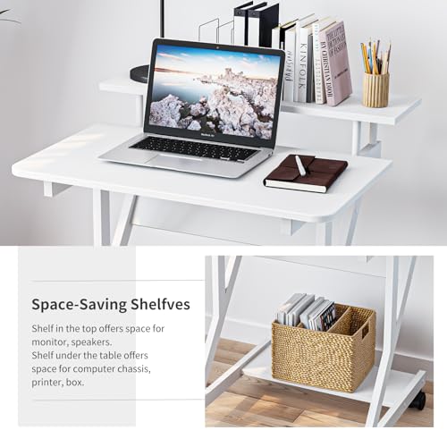 Dripex Computer Desk for Small Spaces, 27.5 inch Small Computer Desk, 3 Tier Compact Desk with Monitor Shelf and Bottom Storage Shelves, Space Saving Desk, White - color: White