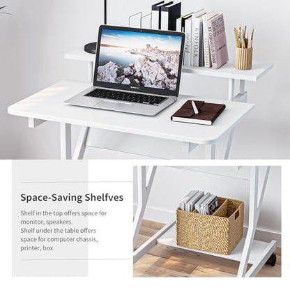 Dripex Computer Desk for Small Spaces, 27.5 inch Small Computer Desk, 3 Tier Compact Desk with Monitor Shelf and Bottom Storage Shelves, Space Saving Desk, White - color: White
