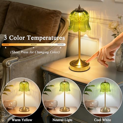 Cordless Table Lamp, Touch Control, 6000mAh Rechargeable Battery-Operated Portable Lamp, 3 Color Temperatures & Stepless Dimming, Vintage Bedside Lamp for Bedroom, Office & Desk, Green Rose - color: Rose Green